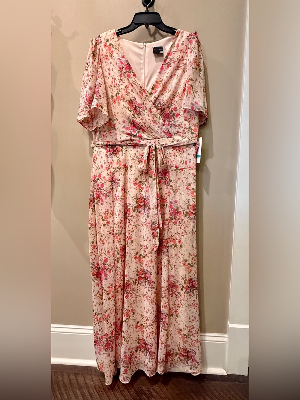 Maison Tara Cream Floral Wrap Maxi Dress with Pink Accents